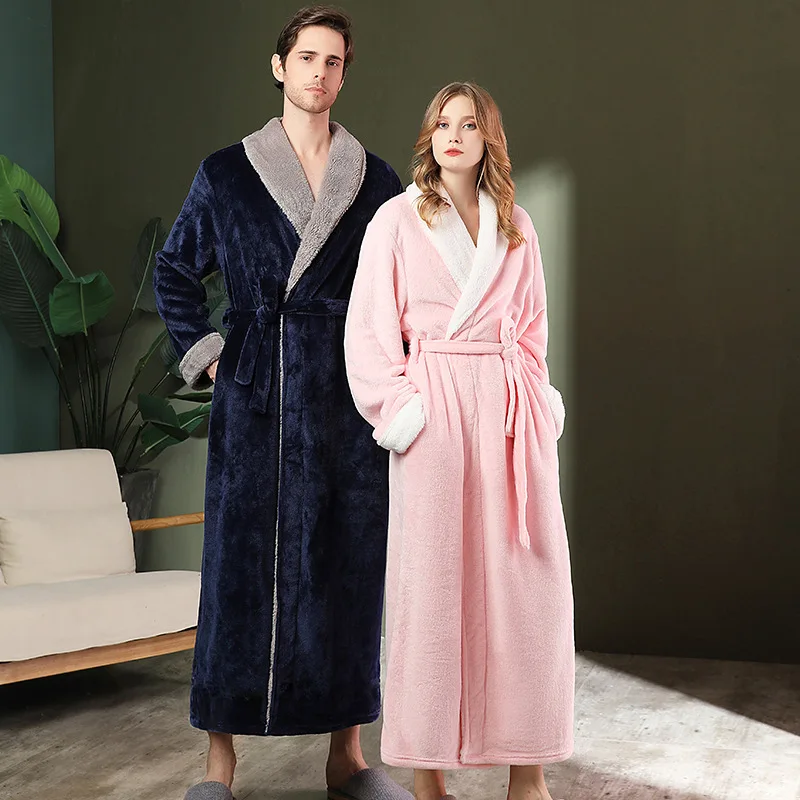 

Women Winter Extra Long Warm Flannel Bathrobe Plus Size Thick Coral Fleece Bath Robe Lovers Dressing Gown Hooded Men Sleepwear