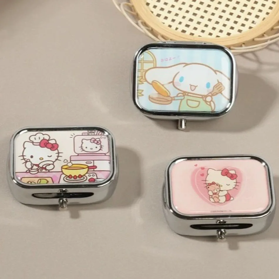 

Anime Sanrio Hello Kitty Metal Storage Box Pill Organizer Compartmentalized Cute Cartoon Mini Jewelry Box Candy Container Kawaii