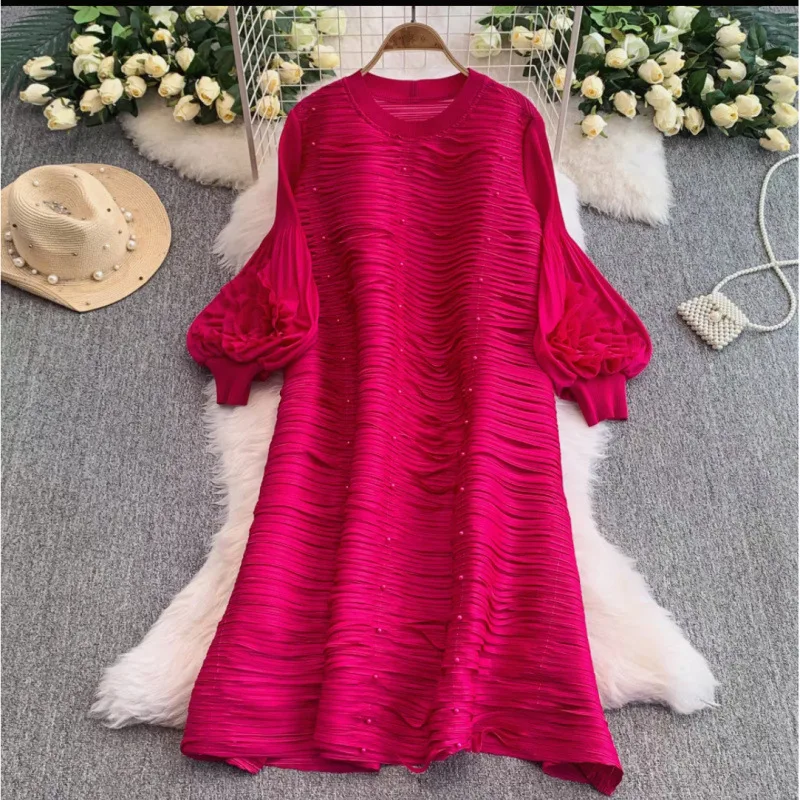 ชุดเดรสพลีทพลัสไซส์ Miyake แฟชั่นพลีทสไตล์แอฟริกันสำหรับผู้หญิง ทรงหลวม ประดับลูกปัด ดีไซน์เรียบง่าย ยาว ยืดได้ เหมาะสำหรับงานพรอม