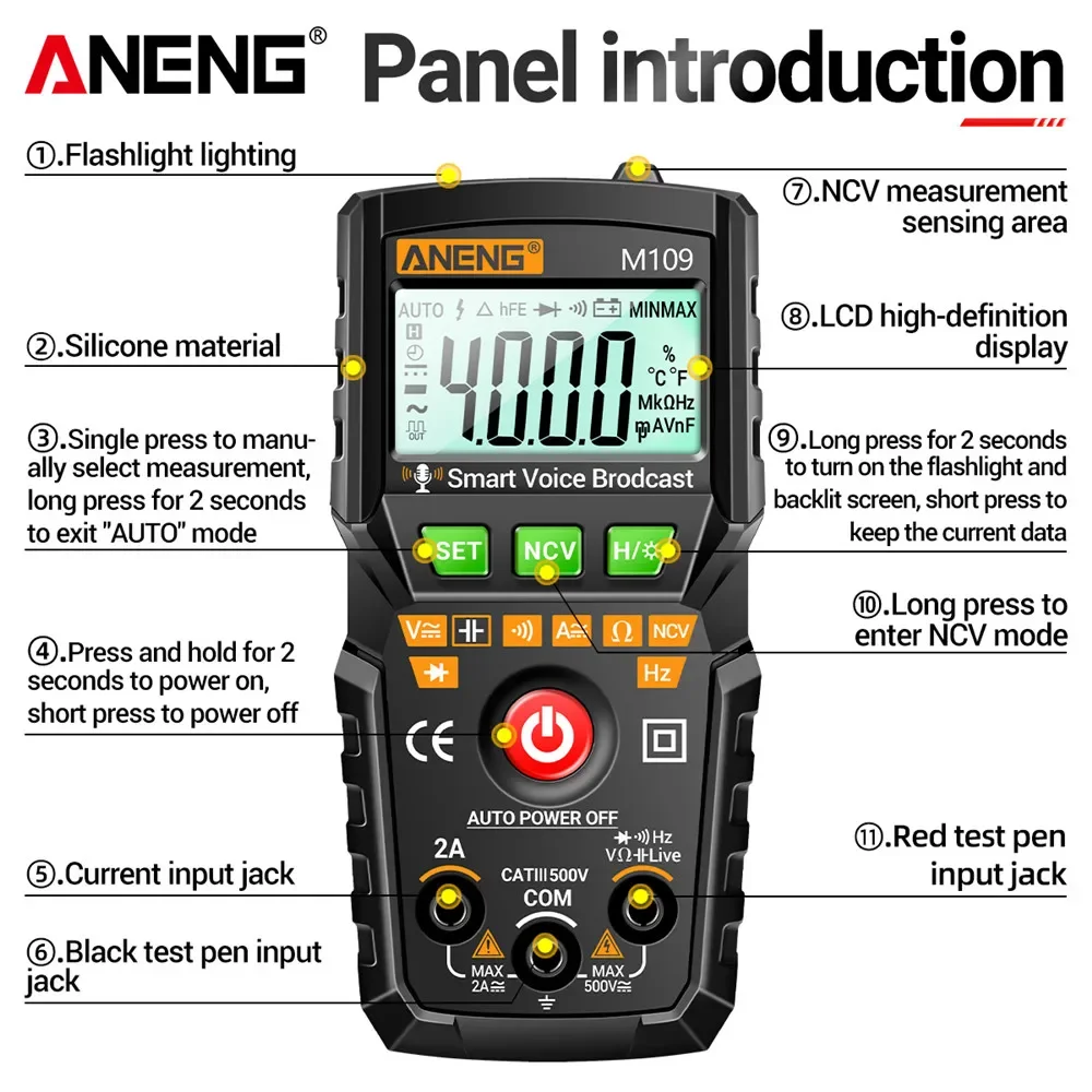 ANENG M109 Professional Smart Multimetre 4000 Counts True RMS Auto Voice Broadcast Electronic Equipment Ohm Testers Meters Tools
