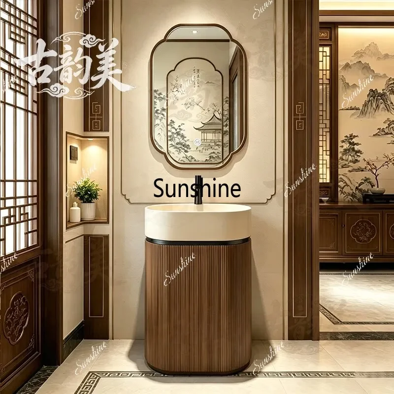 YYMedieval style face wash integrated walnut color column basin household bathroom floor