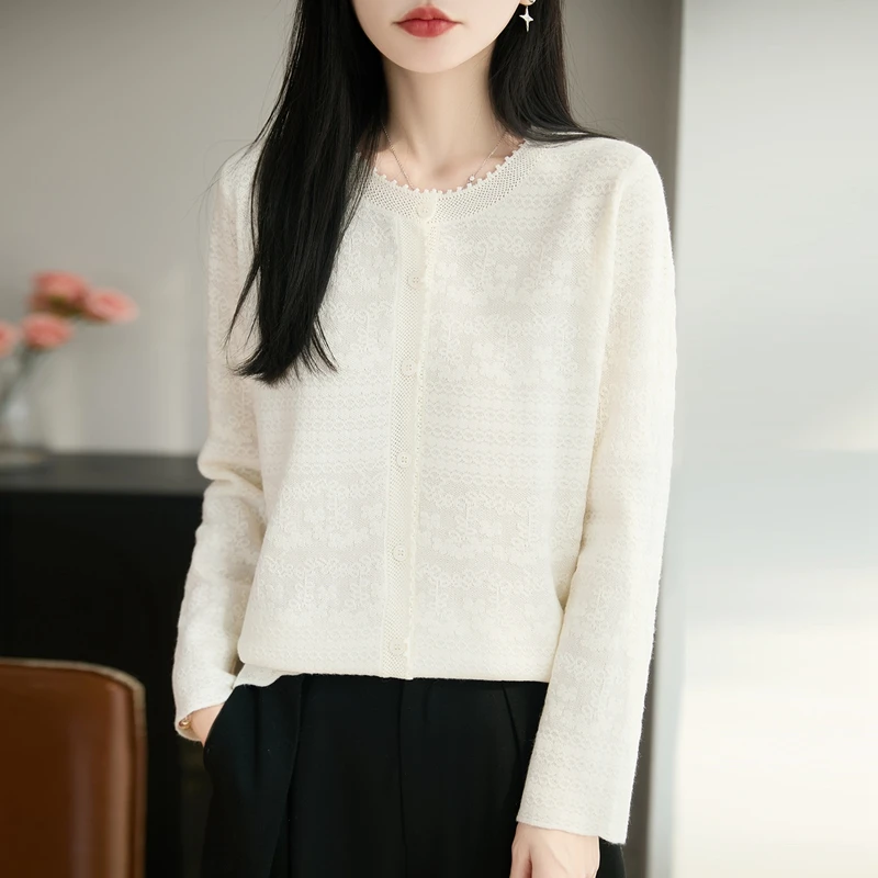 

Knitted cardigan sweater women's round neck loose long sleeved outerwear base spring and autumn new style stylish and versatile