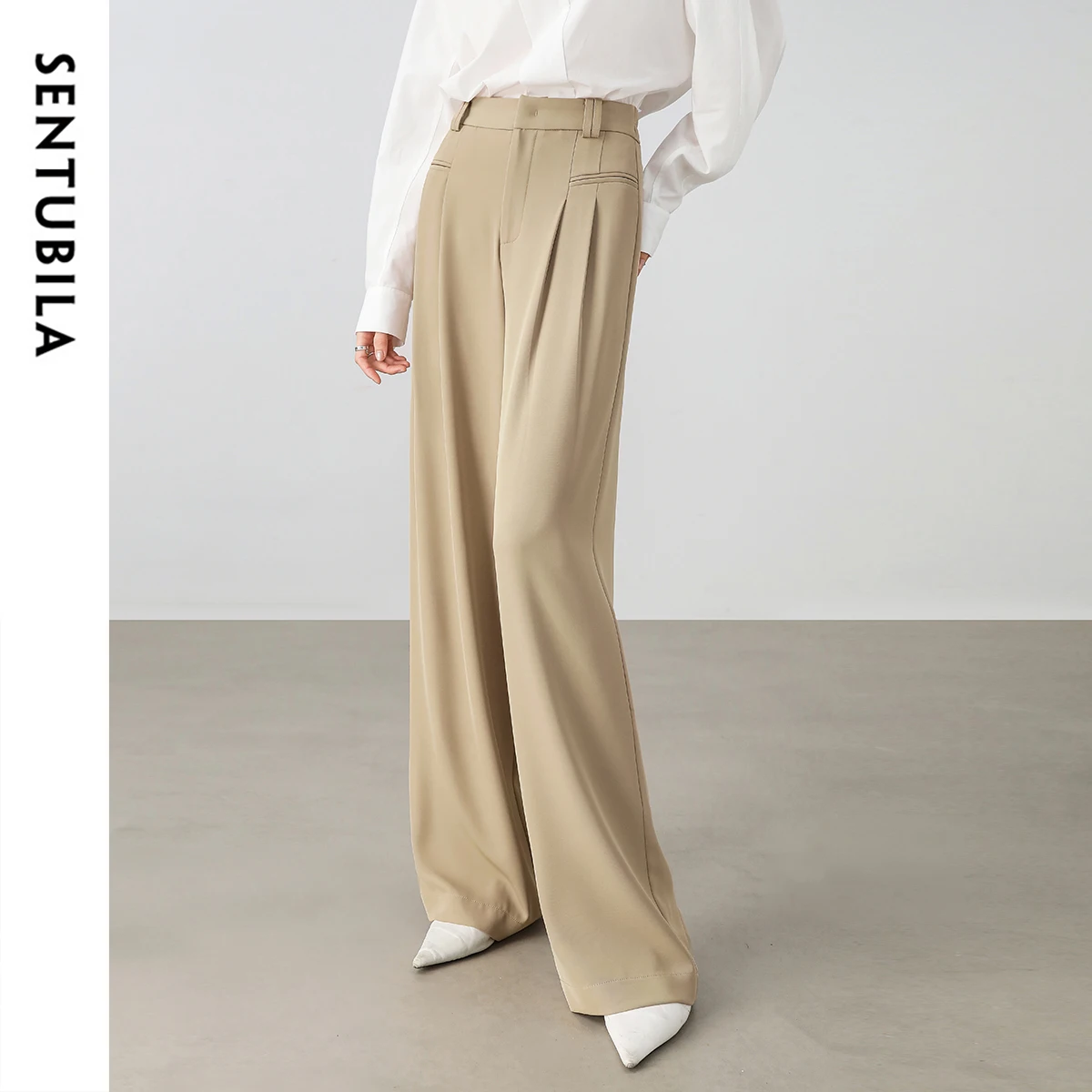 SENTUBILA 오피스 레이디 팬츠 여성용 솔리드 캐주얼 루즈 엘라스틱 하이웨이스트 베이직 솔리드 폴드 바지 2025 봄 신상 151K57562
