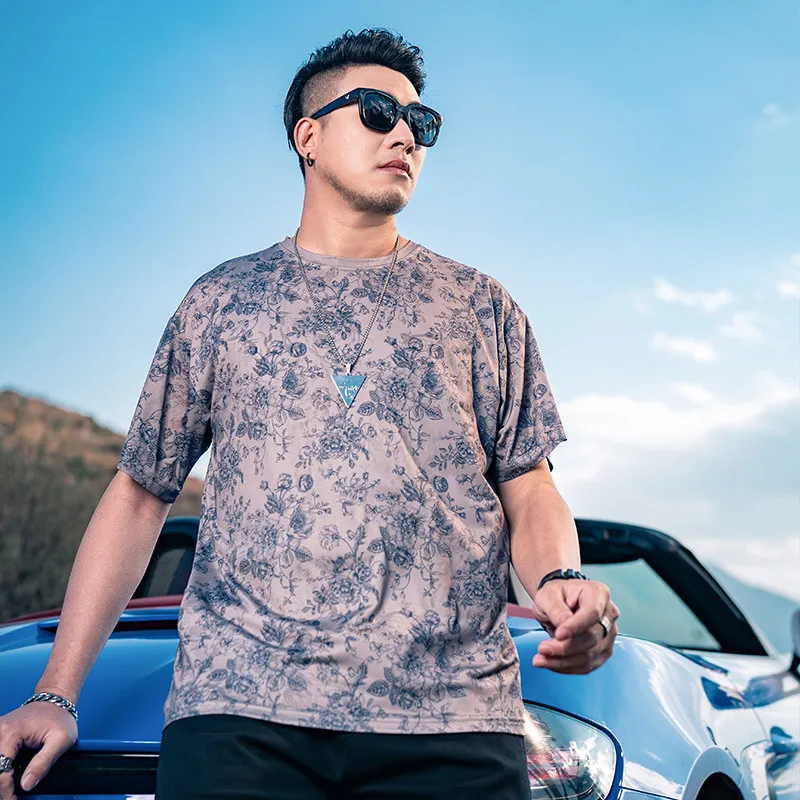 

Men's tide shredded summer trend loose plus size casual comfortable ice silk short-sleeved T-shirt 135kg 7xl oversized t shirt