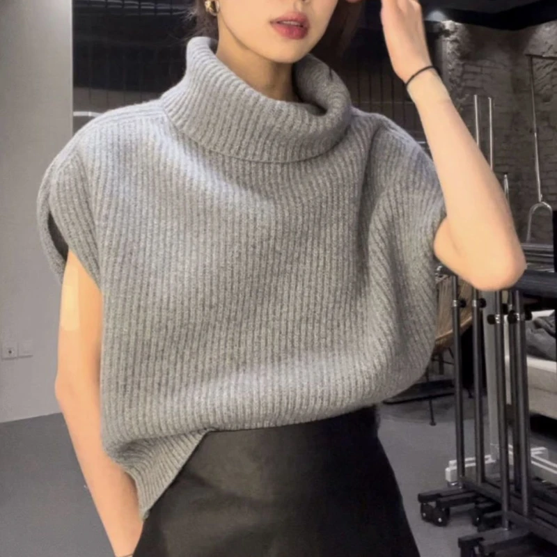 Turtleneck Sweat Vests for Women Pure Gentle Korean Style Ladies Fashion Temperament Sleeveless Autumn Elegant Office Basic Soft