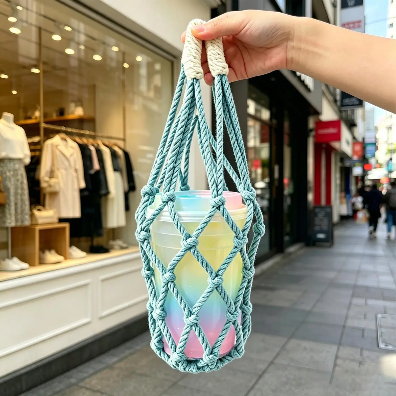 Water Bottle Pouch Reusable Portable Mesh Handwoven Drink Carrier Bag for Shopping Work Travel Daily Commuting Outdoor Camping