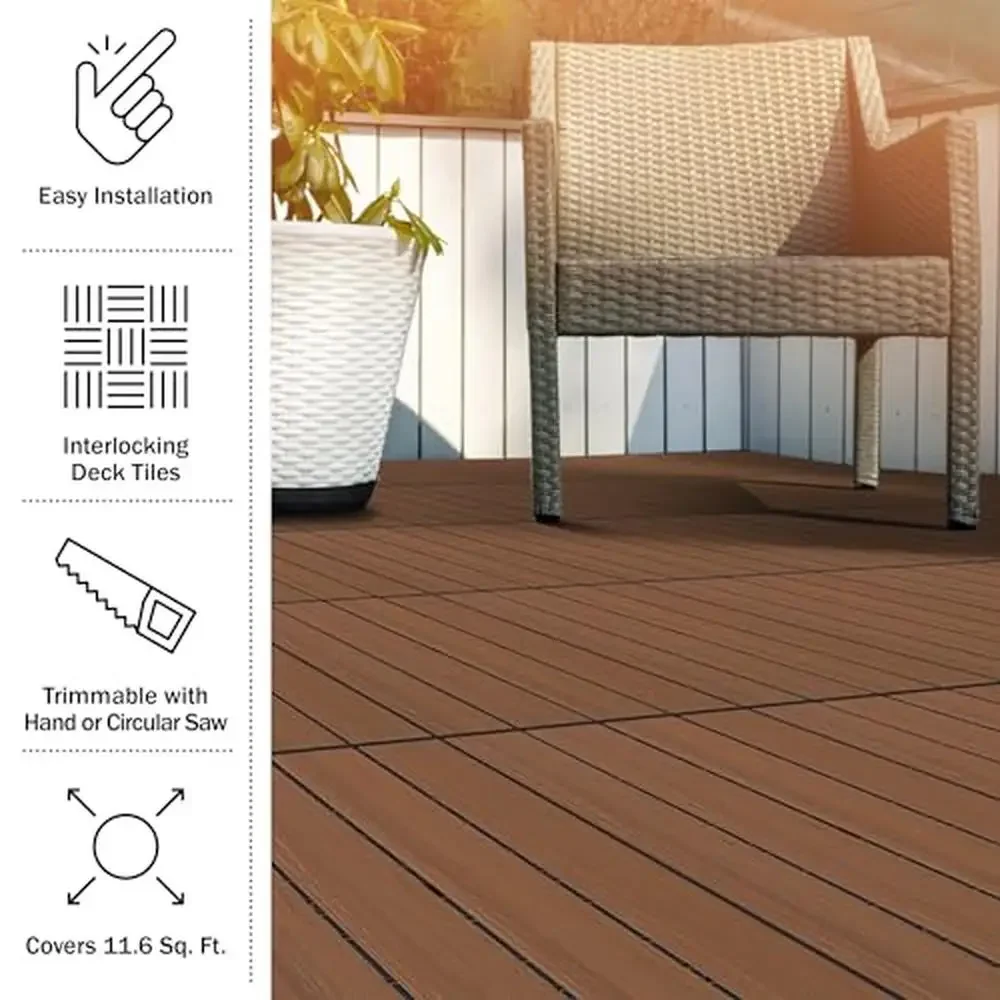 Woodgrain Interlocking Deck Tiles 6-Pack 11.6" Waterproof Outdoor Flooring Poolside Patio Click Decking DIY Nonslip Composite