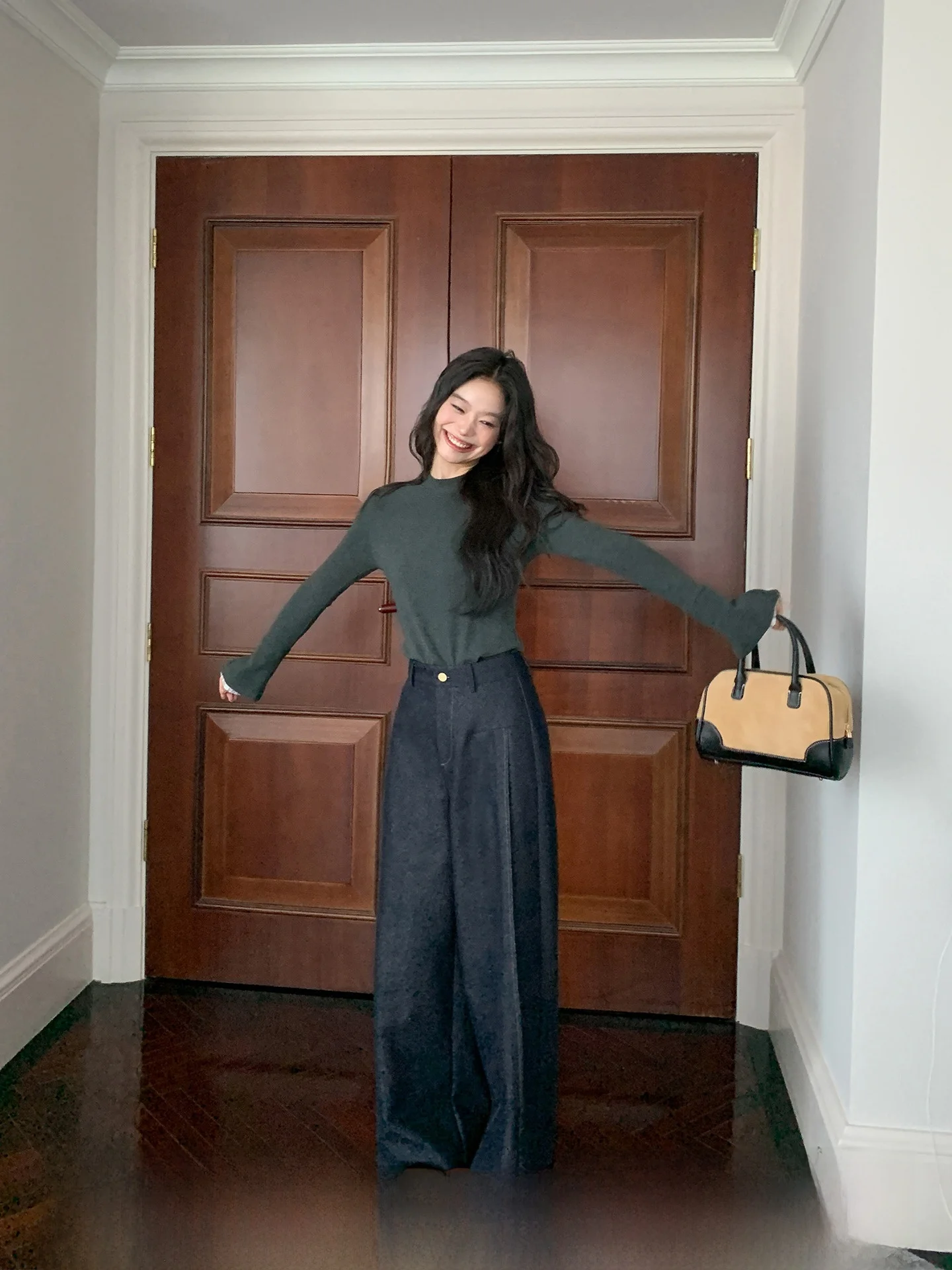 

Широкие повседневные брюки с высокой талией, женские джинсовые брюки с имитацией осень-зима, новые прямые длинные брюки для похудения