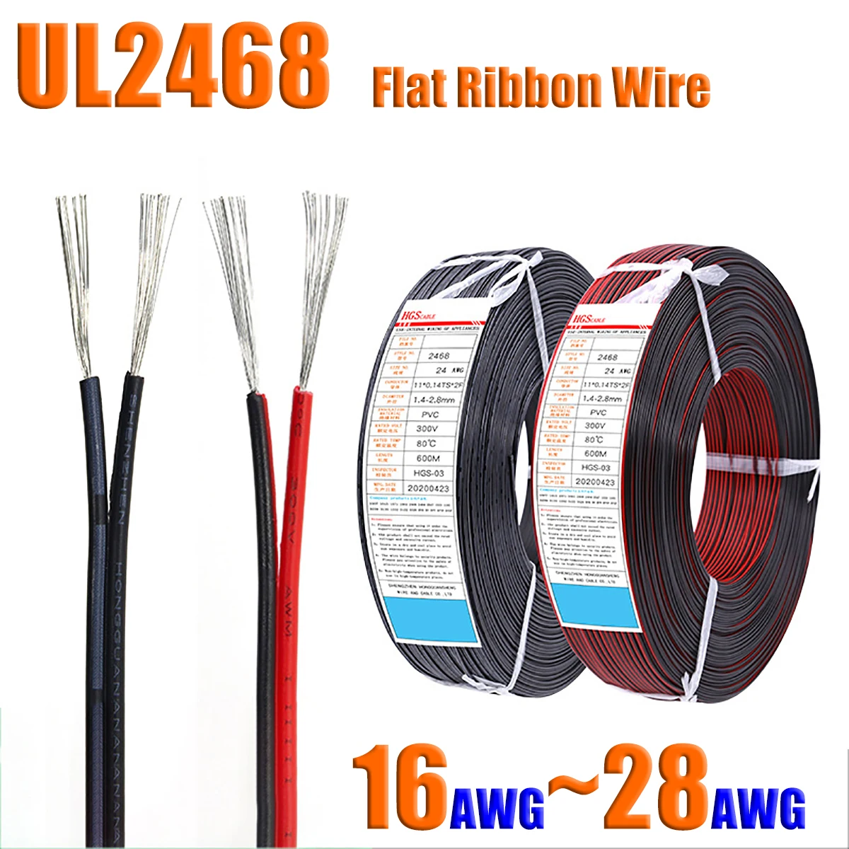 UL2468 Flat Ribbon Cable Wire PVC Double Row Wire 16AWG-28AWG Tinned Copper 2P