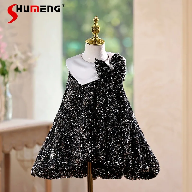 Sequin Evening Girls' High End Gown Dress Hepburn Style Performance Dress Kids Birthday Party Host Elegant Princess Dress