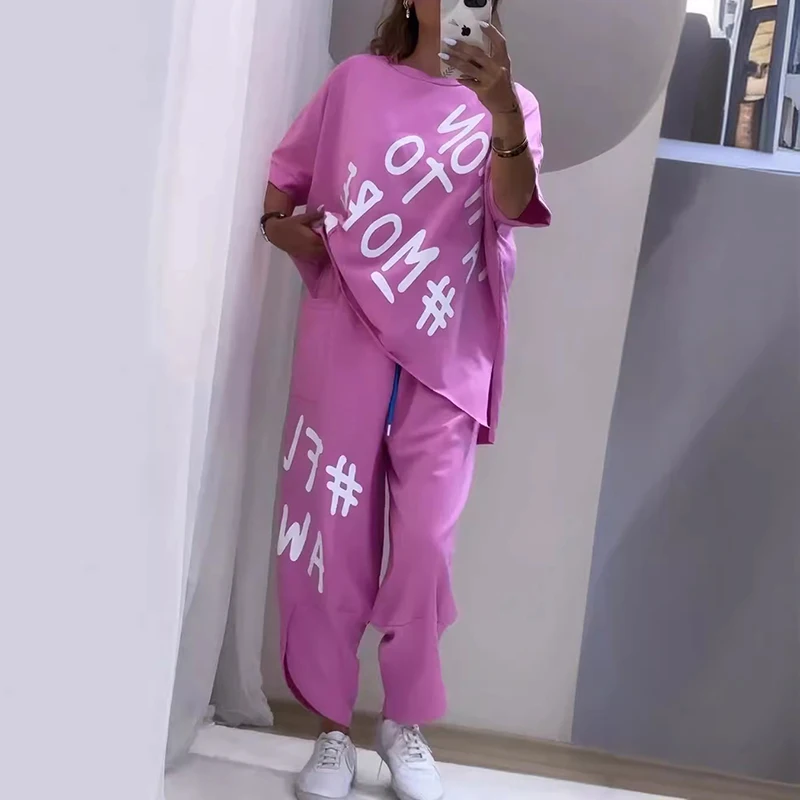 Spring Casual Letter Print Sport Set Women Sexy Round Neck T-shirt & Long Pants Outfits Summer Short Sleeve Loose Tracksuit Suit