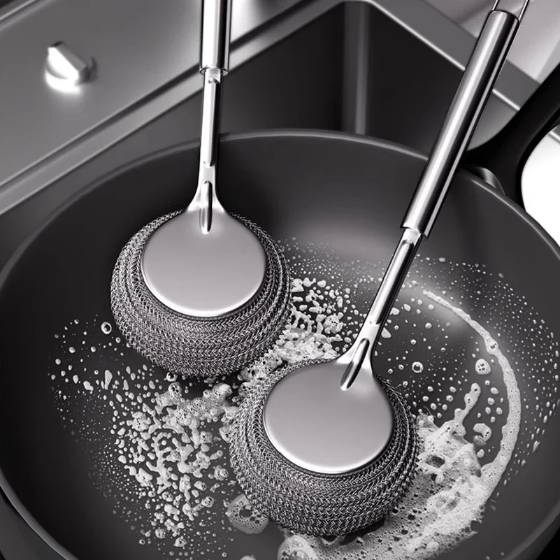 Stainless Steel Pot Brush Kitchen Special Pot Washing Steel Wool Ball Brush Long Handle Dish Cleaning Brush Pot Brush Magic Tool