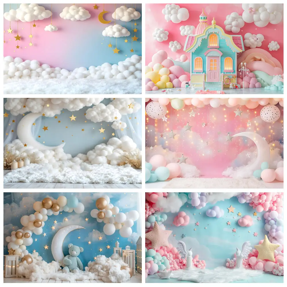 

Happy Birthday Backdrop For Photography Moon Stars White Clouds Baby Kids Portrait Cake Smash Background Decor Photo Studio Prop