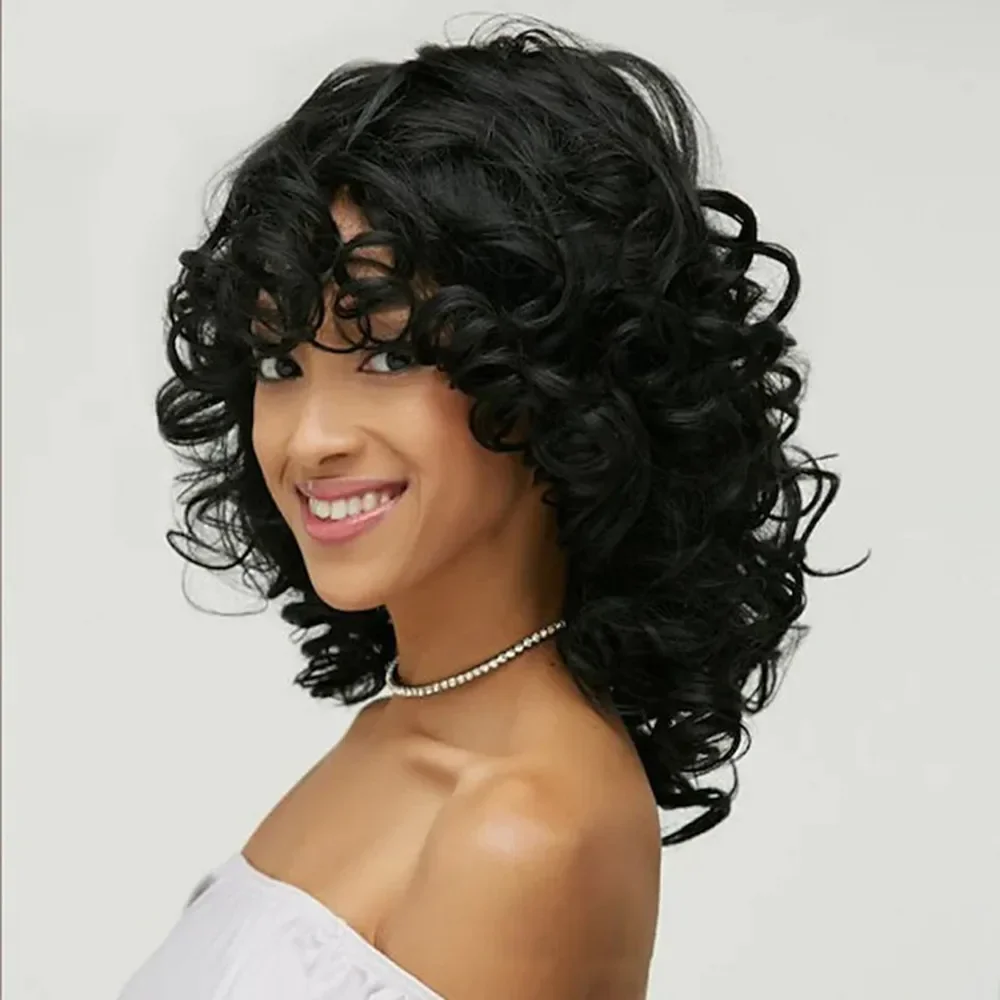 Synthetic Wigs Natural Black Female Short Curly Hair Skew Bangs Simulate Hair Accessories Full Head Cover