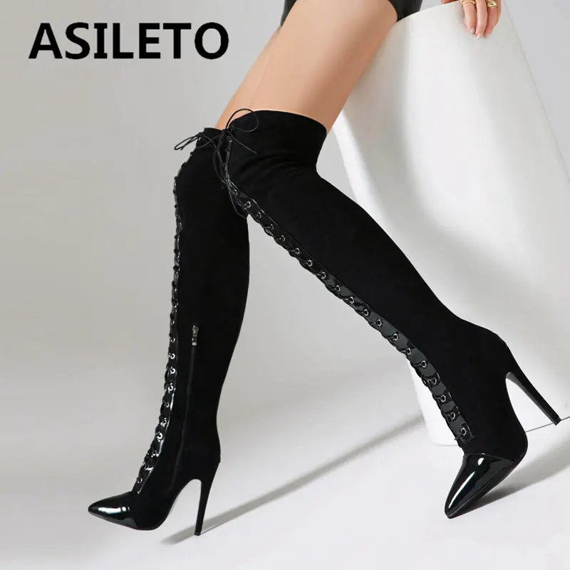 ASILETO Genuine Leathe Sexy Thigh Boots Pointed Toe Thin High Heels 11.5cm Zipper Lace Up Large Size 46 47 48 Party Long Bota