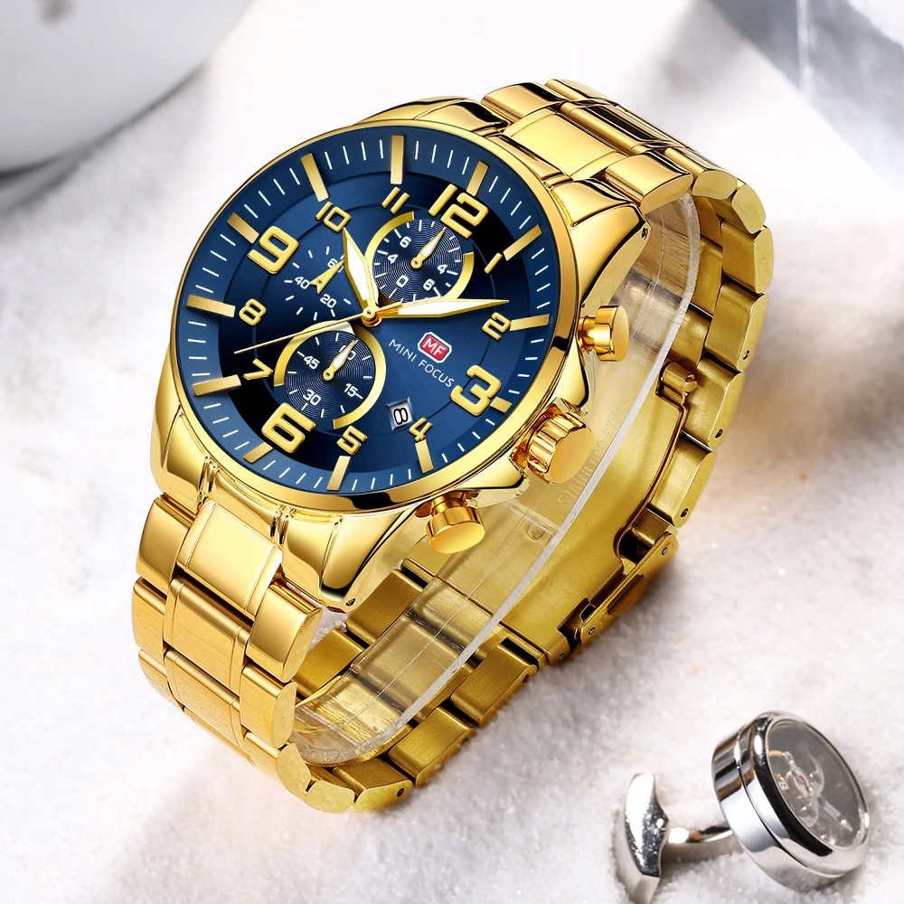 MINI FOCUS Gold Quartz Waterproof Watches for Men Chronograph Multifunction Dial Top Brand Stainless Steel Strap Luxury Watch