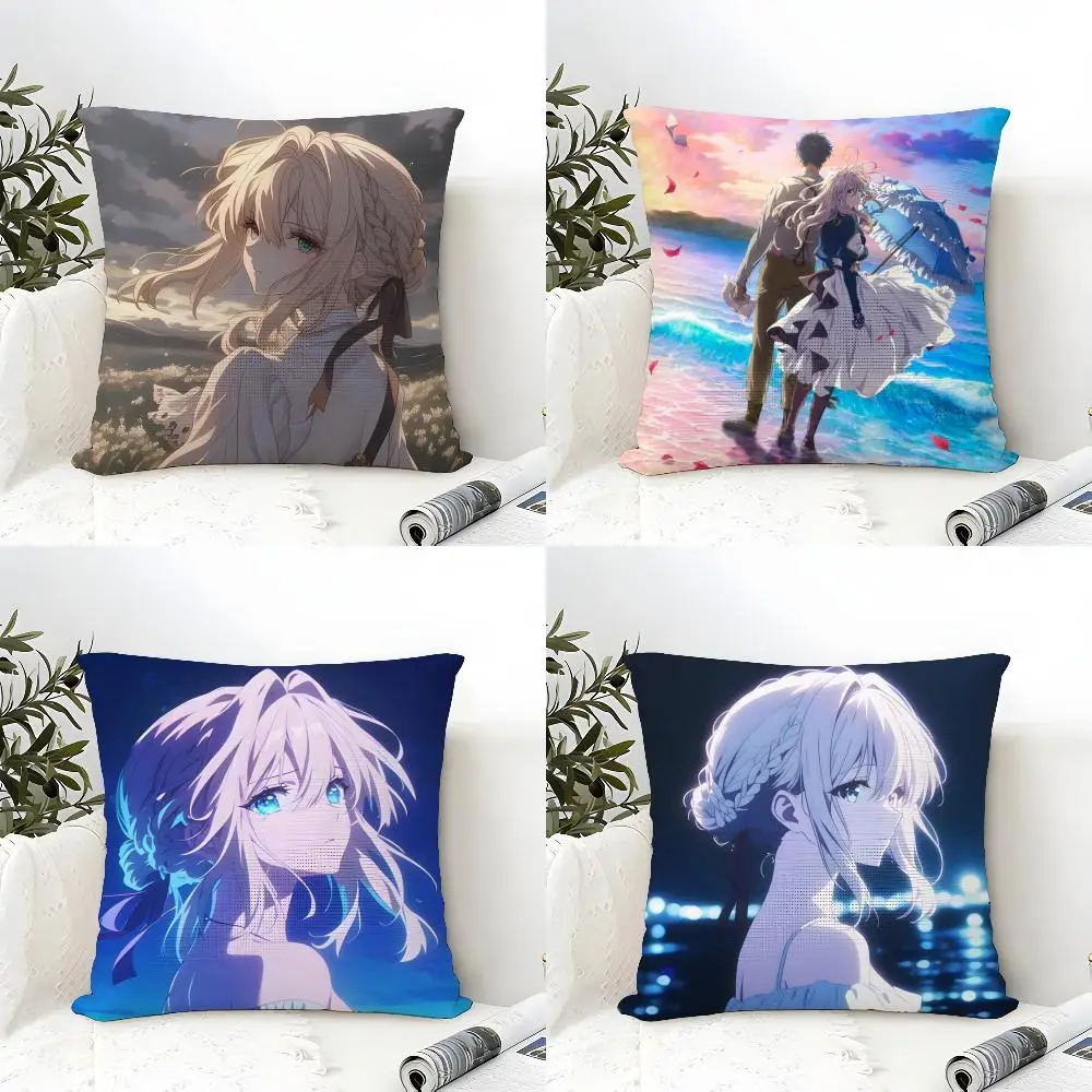 Violet E-Evergarden Anime Cushion Cover Eco Linen Pillow Case Double-Sided Print Breathable Durable Zipper Home Decor Gift
