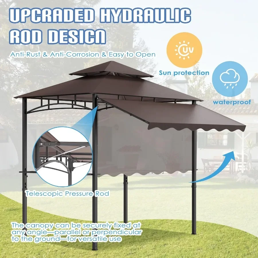 Outdoor BBQ Gazebo, 8x8 Ft Patio Grill Gazebos with Extra Adjustable Shadow, 2-Tier Grill Canopy with 2 Shelves 6 Hooks, Barbeq