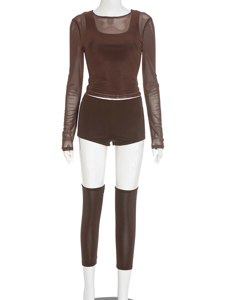 Kliou Sexy Mode 3-delige Set Mesh Patchwork o-hals Volledige Mouw Tops + Shorts + Voet Cover Hot Meisjes Midnight Club Party outfits
