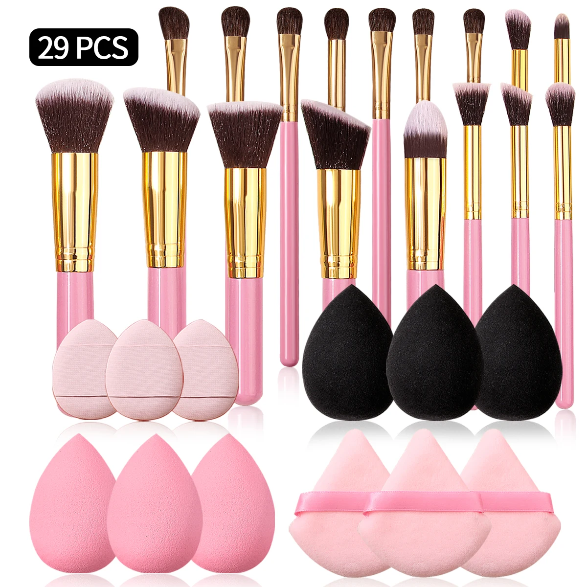 Makeup Brush Cushion Puff Set Pink Kabuki Foundation Powder Concealer Eyeshadow Eyebrow Brushes Mini Triangle Puff