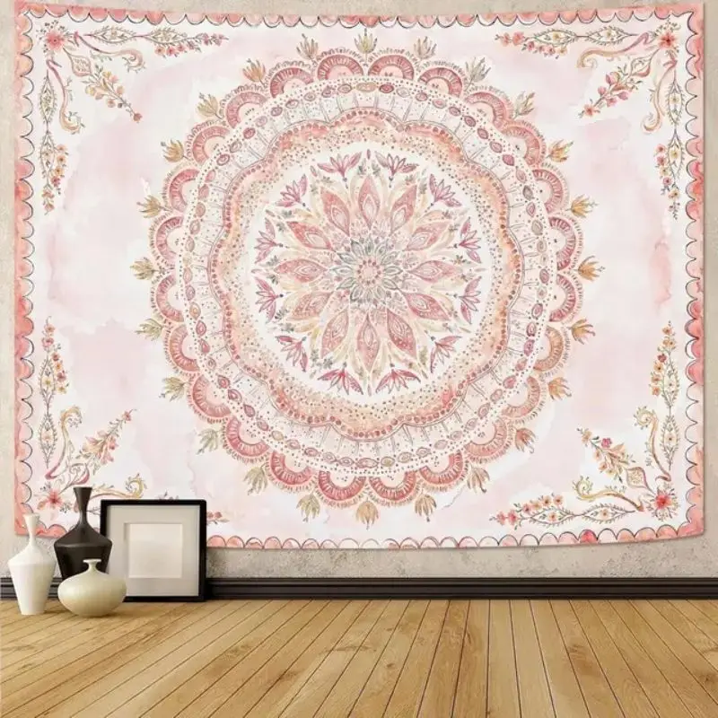 VIKAMA Bohemian Floral Mandala Wall Tapestry Cream Background Center Blossom Radiating Petal Orange Red Blue Ethnic Boho Chic
