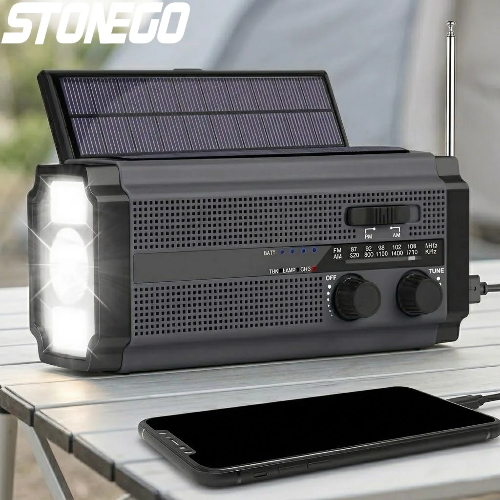 

Портативное солнечное динамо-радио AM/FM с аккумулятором 5000 мАч, светодиодным фонариком, сигнализацией SOS для кемпинга, походов и экстренных ситуаций