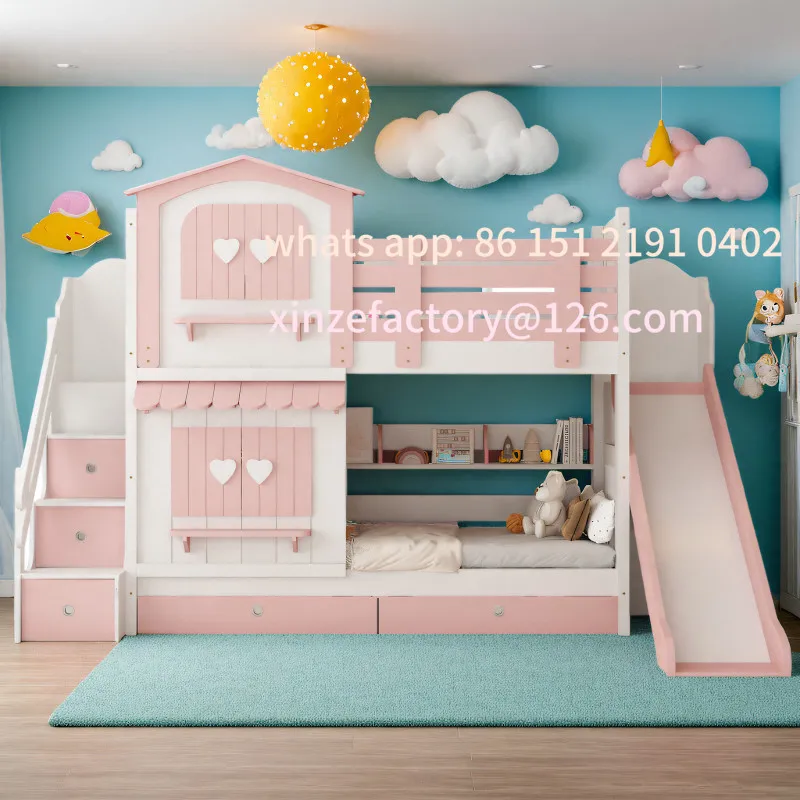 تخصيص فتاة سرير بطابقين طبقتين الوردي الأميرة الرياح القلعة سرير الشريحة سرير بطابقين متعدد الوظائف