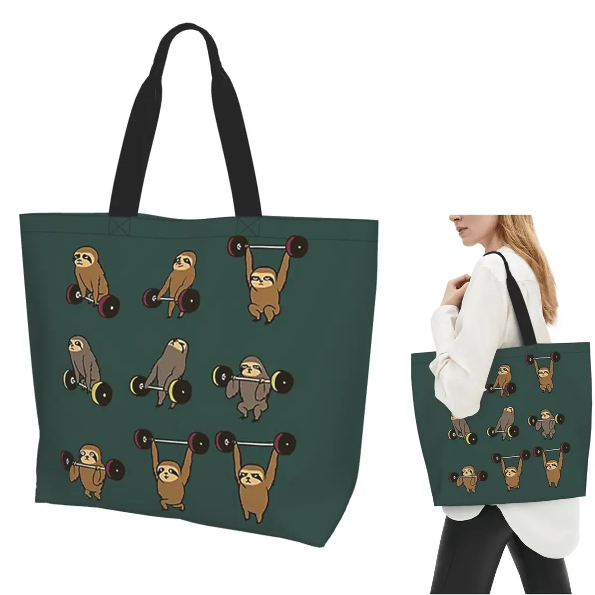 Funny Sloth Weightlifting Shopping Tote Bag Canvas Large Capacity Shoulder Bags Shopper Grocery Handbag for Women