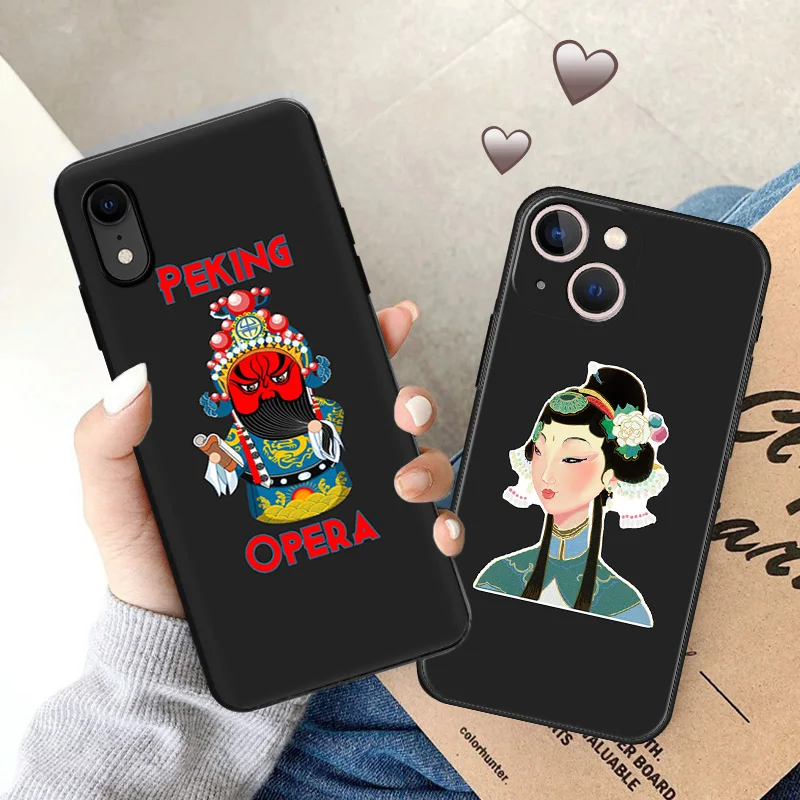 Soft Case for iphone 16 15 Pro Max 14 13 12 Mini 11 7 8 Plus XSMax XR Peking Opera Panda Girl Love Art Black Phone Cases Cover