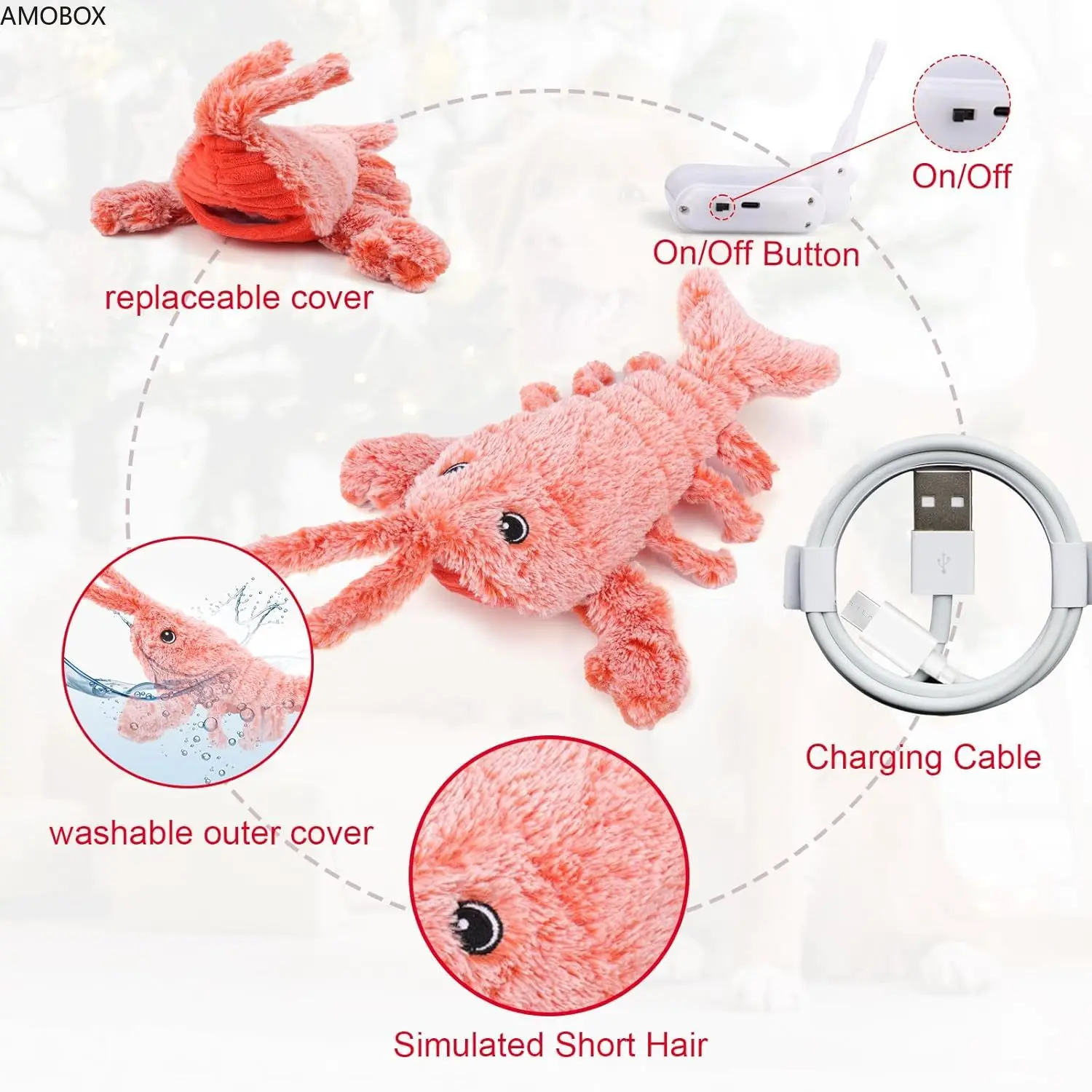 AMOBOX-Interactive Dog Toy,Wiggly Lobster,Moving for Indoor Outdoor,Plush Squeaky,Rechargeable Floppy for Small Medium Large Dog