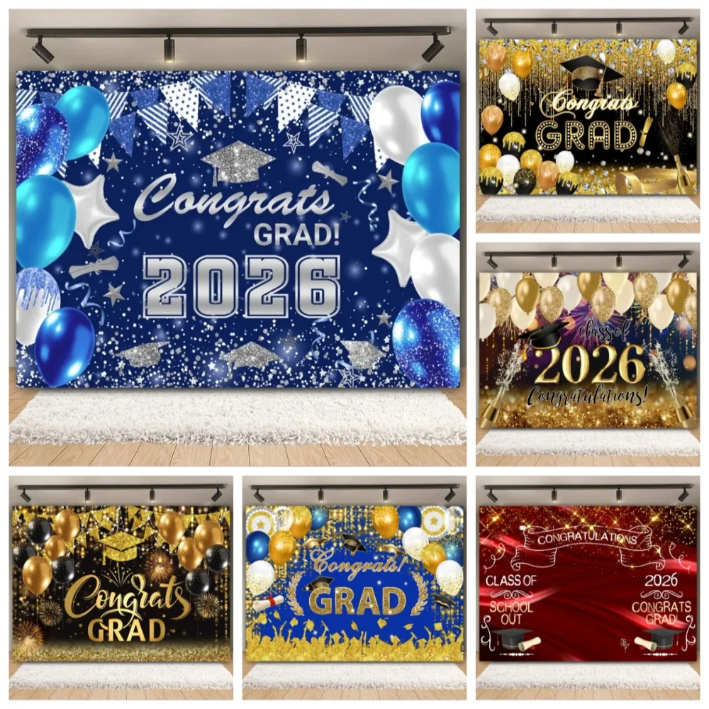 

Congratulations To The 2026 Golden Black Balloon Graduation Ceremony Banner Background and Graduation Party Photography Backdrop