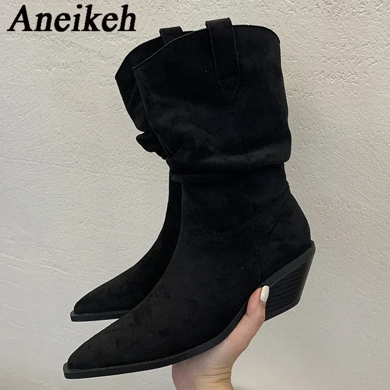 

Aneikeh/Осенне-зимние женские ботильоны с острым носком, модная уличная обувь на квадратном низком каблуке, обувь без шнуровки Chelsea Botas Para Mujer