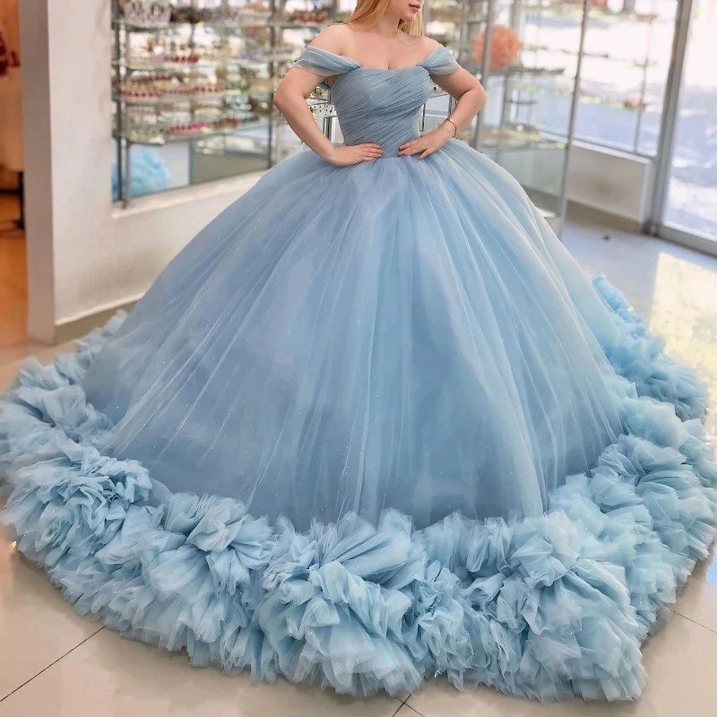 

Sky Blue Shiny Off The Shoulder Quinceanera Dress Ball Gown Tiered Tull Corset Sweet 15 16 Vestido De 15 Anos