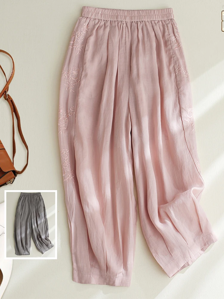 

Ретро художественные однотонные хлопковые и льняные повседневные брюки из девяти предметов с вышивкой, большие размеры, женские тонкие дышащие тонкие брюки Харлан...