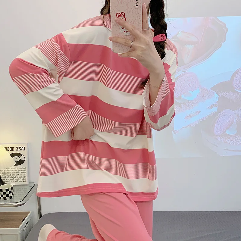 Pajamas Women Long Sleeve Set Loose Long Pants Homewear Classic Black Striped Casual Two Piece Set