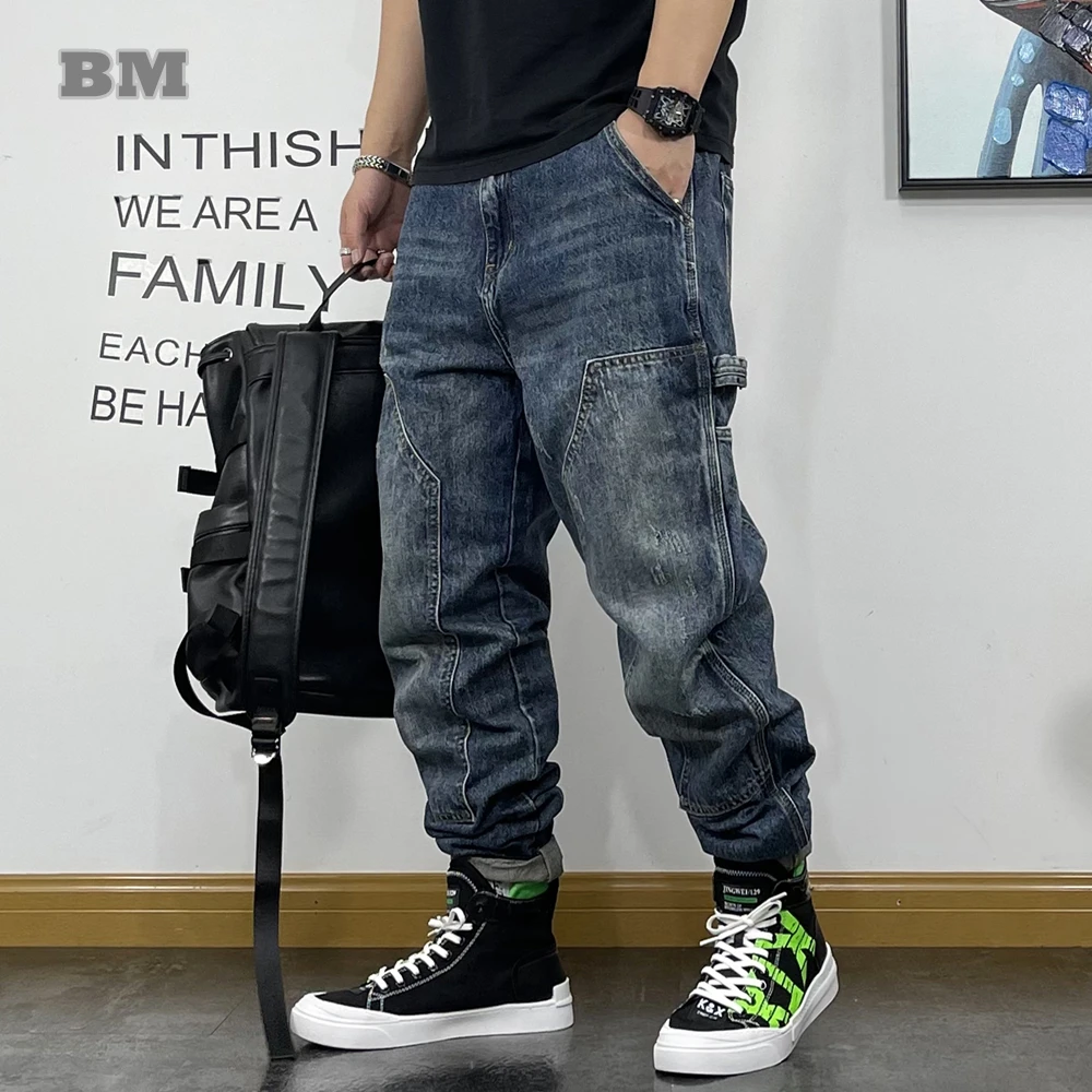 American Fashion Hip Hop Cargo Jeans Streetwear Skateboard Harem Trousers Men Clothing Japanese Harajuku Denim Casual Pants Male