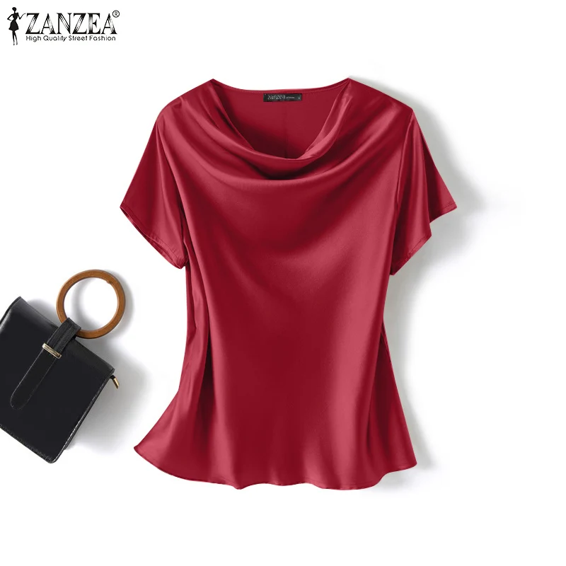 ZANZEA Women Short Sleeve Solid Shirt Summer Fashion Satin Blouse Female Casual OL Work Tunic Tops Elegant Loose Blsuas Oversize