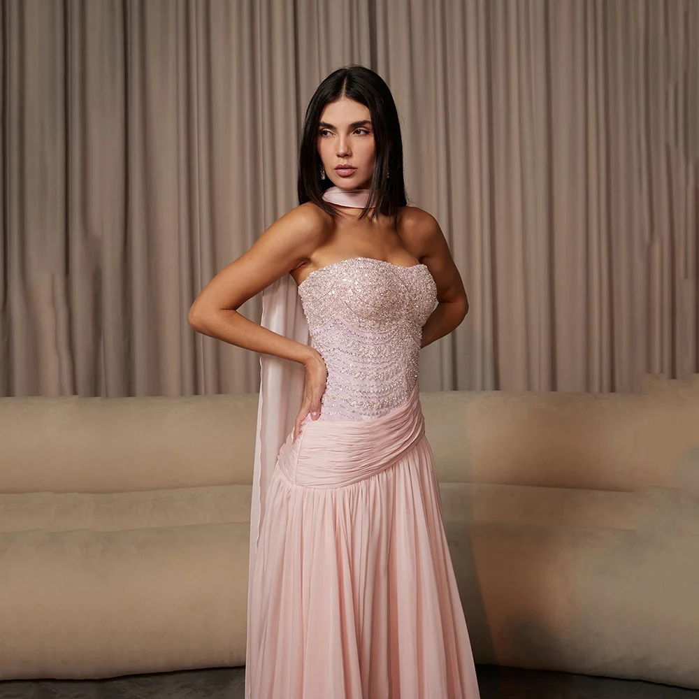 Galarity Maßgeschneiderte errötend rosa Ballkleider mit Cape, trägerlos, mit Perlen besetzt, Chiffon, gerüscht, formelles Abendkleid, luxuriöses Partykleid