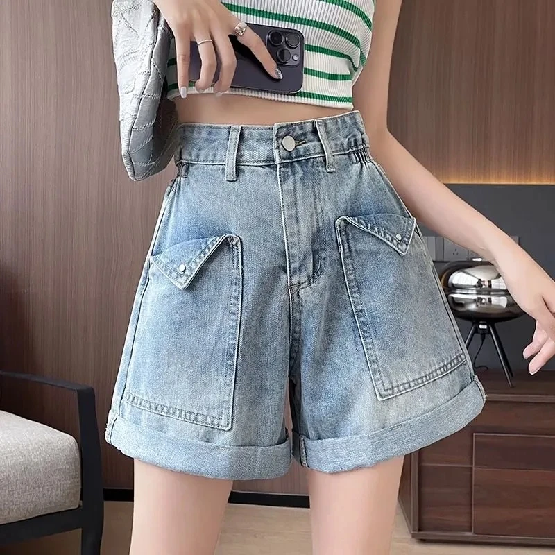 

Шорты женские джинсовые с высокой талией, широкими штанинами и завышенным подолом, весна-лето 2026, новинка, облегающие, нишевый дизайн, свежий свободный крой