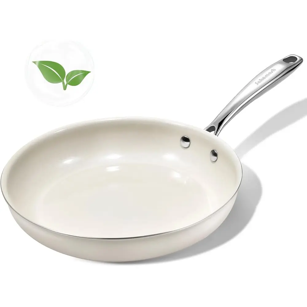 

11 Nonstick Skillet, Cooking Pan Non Toxic with Stay Cool Handle, Induction Compatible, Dishwasher/Oven Safe, White