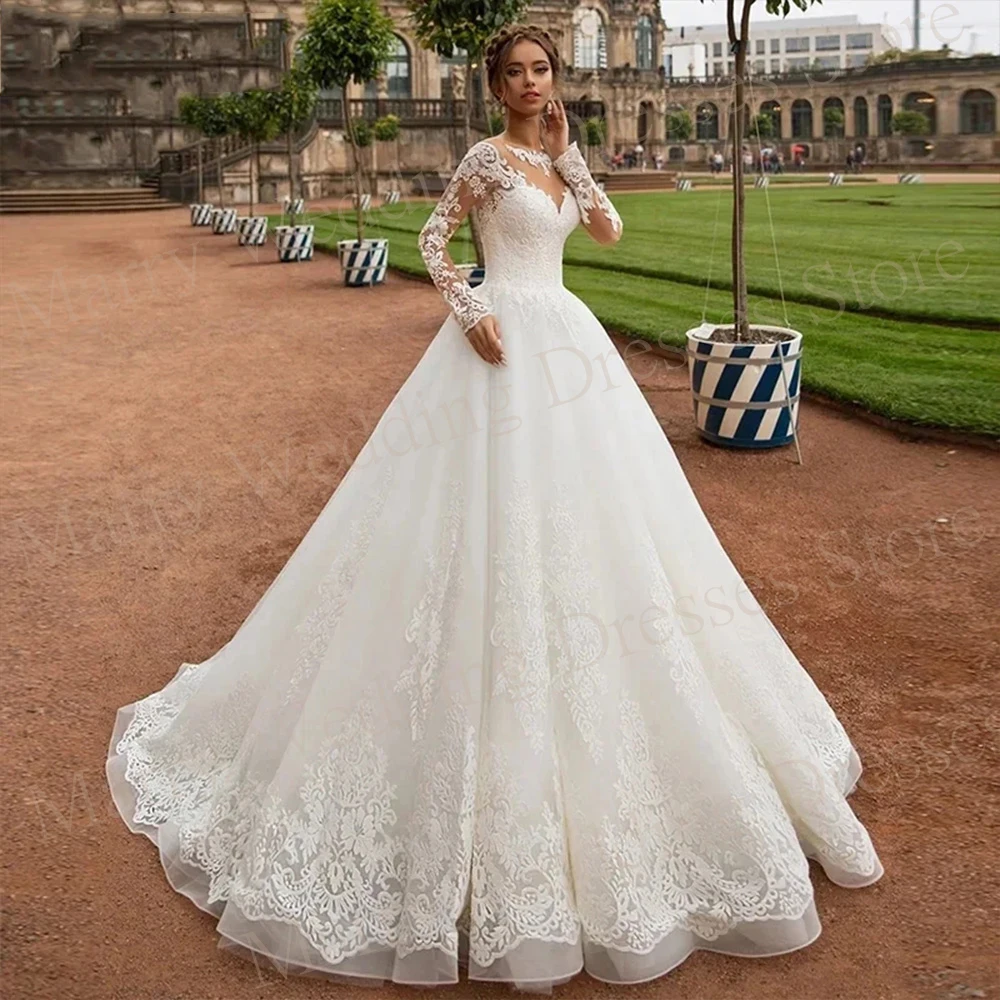 Exquisite Modern A Line Wedding Dresses Lace Appliques Long Sleeve Scoop Neck Bride Gowns Button Back Illusion Vestido De Novia