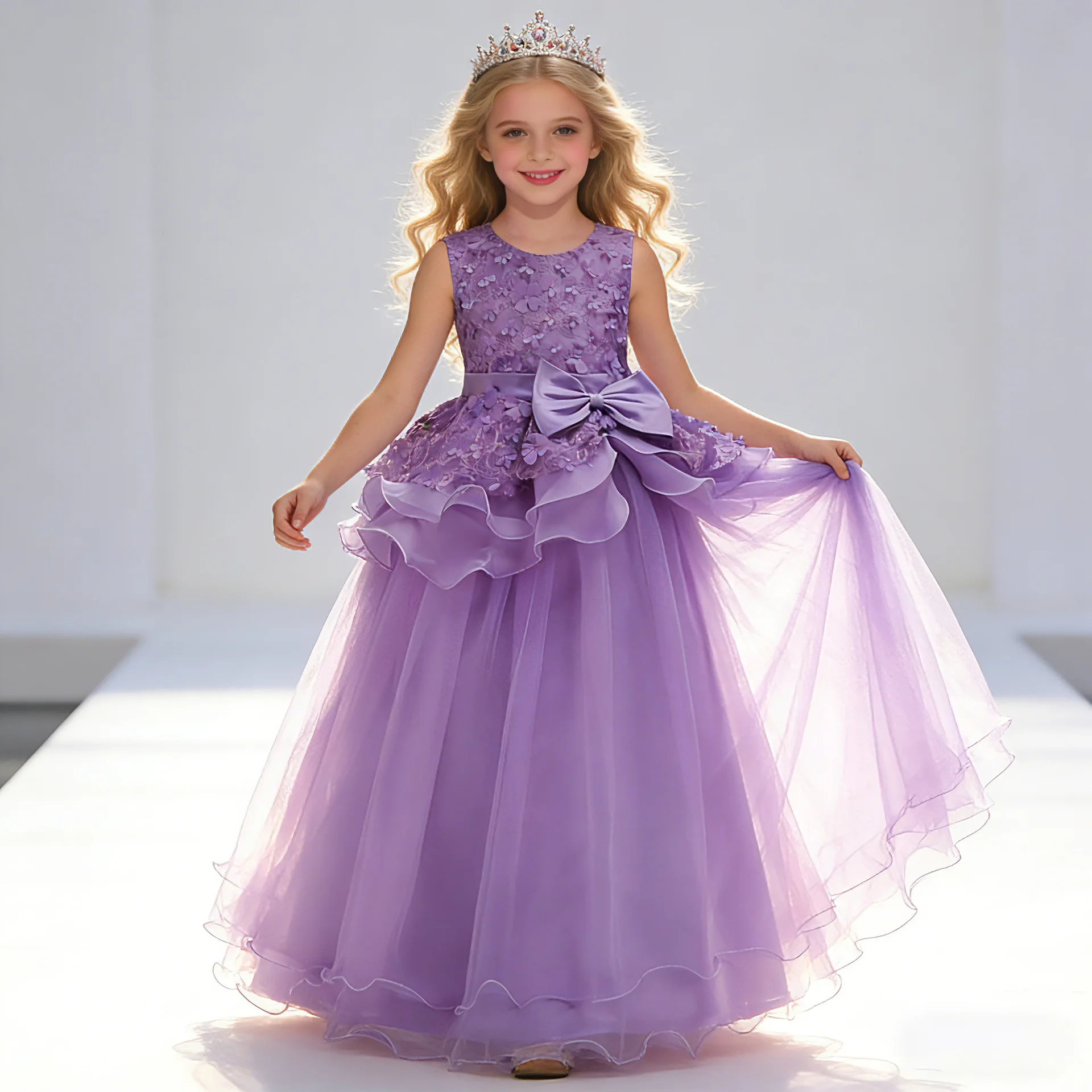 Flower Girl Dress Sleeveless 3D Floral Lace Applique Satin Bow Ruffle Layer Long Tulle Skirt Kids Birthday Party Pageant Gown