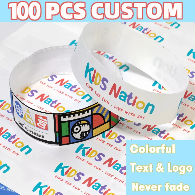 

100PCS Tear-Resistant Custom Wrist Strap Party Bracelet Waterproof Paper Wedding Event Ticket Wristbands Identification Band