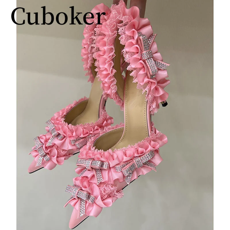 

Summer Pointed toe Sandals Runway Women Satin Bowknot Decor Female Pumps Party Designer Brand Pumps for Women Vacation mujer