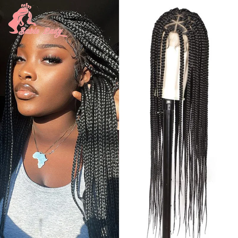 Pelucas trenzadas de encaje sintético para mujeres negras, peluca trenzada de caja triangular, cabello trenzado Frontal de encaje ligero, 26"