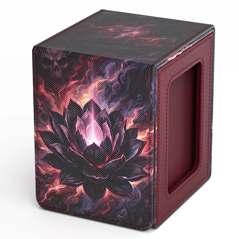 Card Deck Box for Lotus Pattern Print Cards with Display Window, Hold 100+ Double-Sleeved Cards, PU Leather, Fits CCG/TCG Cards