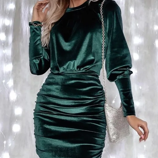 

Women's Autumn Velvet Golden Velvet Fashion Hot Girl Round Neck Lantern Sleeve Mid-Length Sexy Hip Cover Dress Party Elegant