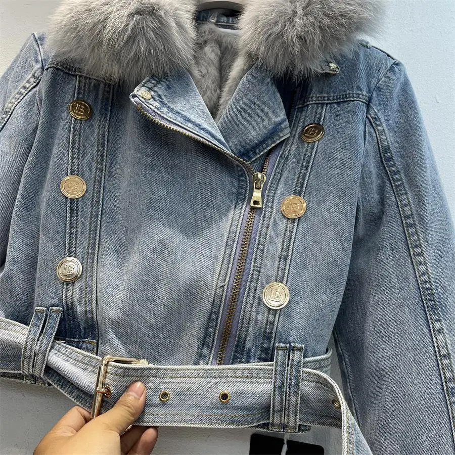 Women Imitation Fox Fur Collar Spliced Denim Coat Thickened Plush Inner Jeans Jacket Short Turn Down Collar Cardigan Belted Tops