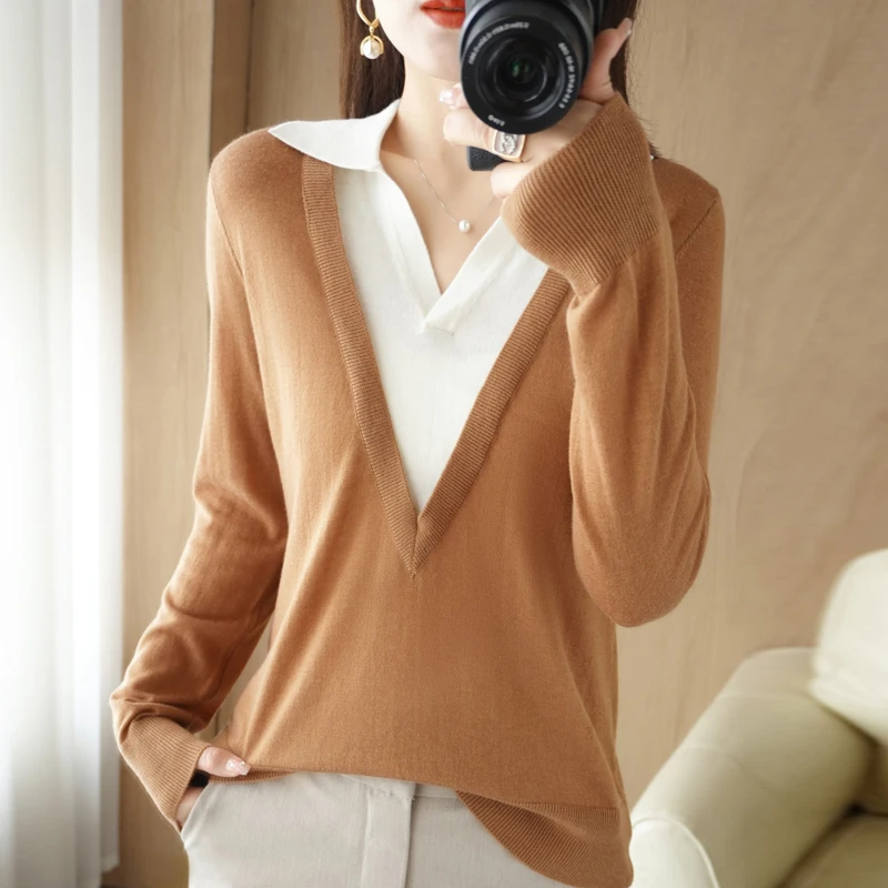 2022 Spring and Autumn New Sweater Women Wool Refined Imitation Women's POLO Neck Pullover Vest Casual Knit Double T-Shirt