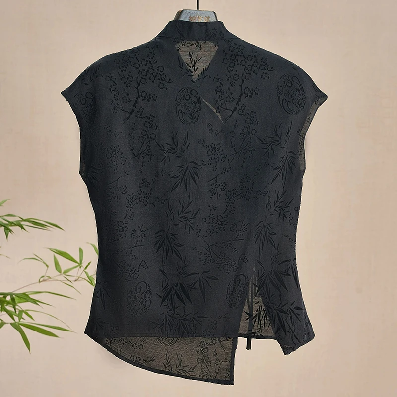 New Chinese Style Cheongsam Top Black Jacquard Short Sleeve T-shirt Summer Retro Thin Shirt Mature Fashion Women's Clothing